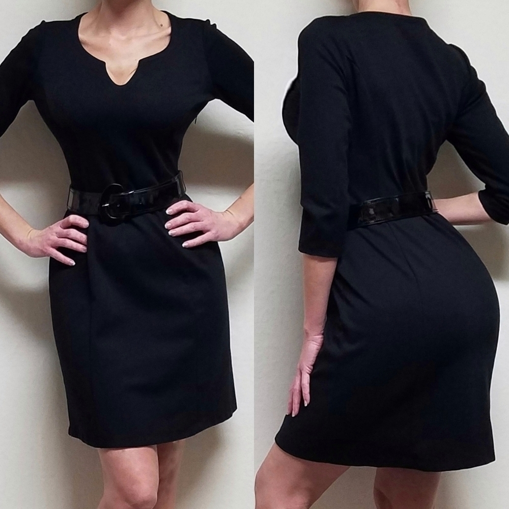 ANN Taylor Loft Black Horseshoe Neckline Quarter Sleeve Belted Sheath Dress 6